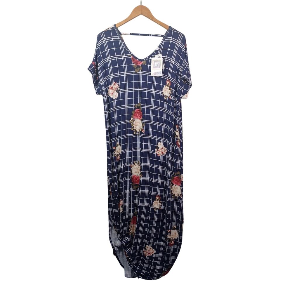Lularoe Macy Maxi Dress‎ Large Navy Blue Floral Long Stretch Knit Comfort Casual